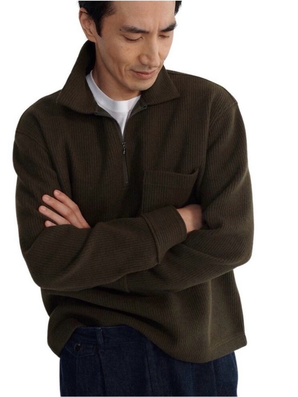 J.Crew Men's Olive Green 1/4 Zip Pullover Sweatshirt Waffle Knit Pocket Size M